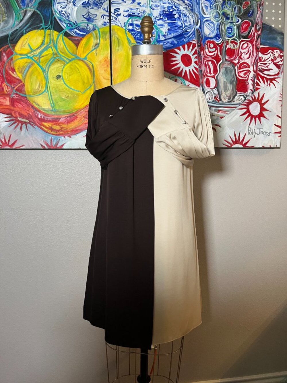 Alice + Olivia Silk Colorblock Crystal Buttons Shift Dress Ivory Brown - Picture 3 of 13